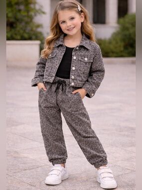 GAP Leopard Print Denim Jacket and Jogger Set - Taupe Gray